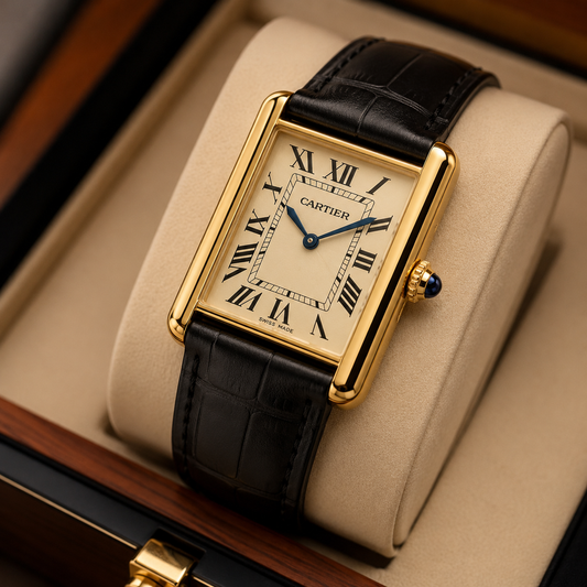 Luxury Cartier-Style Rectangular Gold Men's Quartz Watch | Premium Black Leather Strap | Elegant Analog Wrist Watch