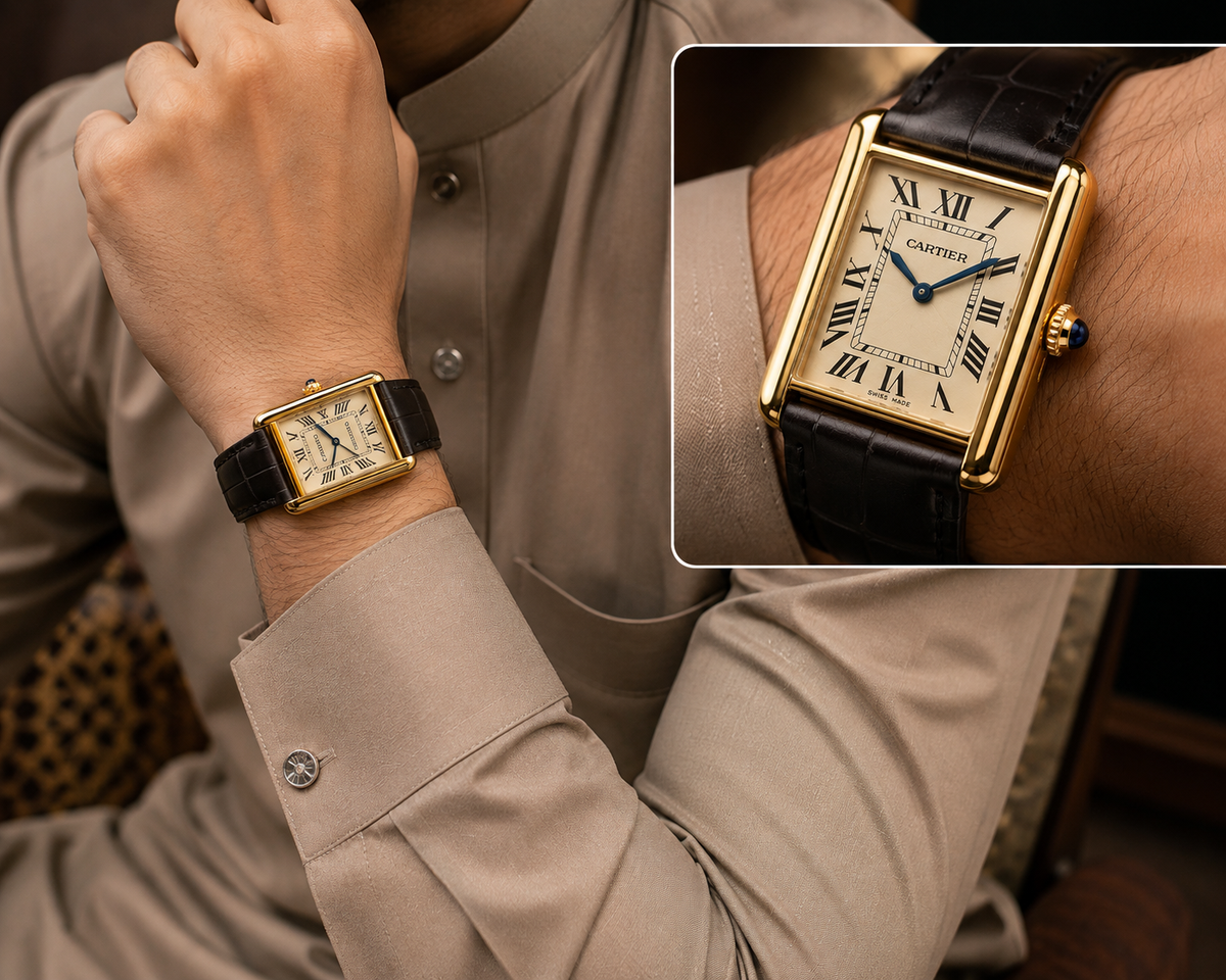 Luxury Cartier-Style Rectangular Gold Men's Quartz Watch | Premium Black Leather Strap | Elegant Analog Wrist Watch