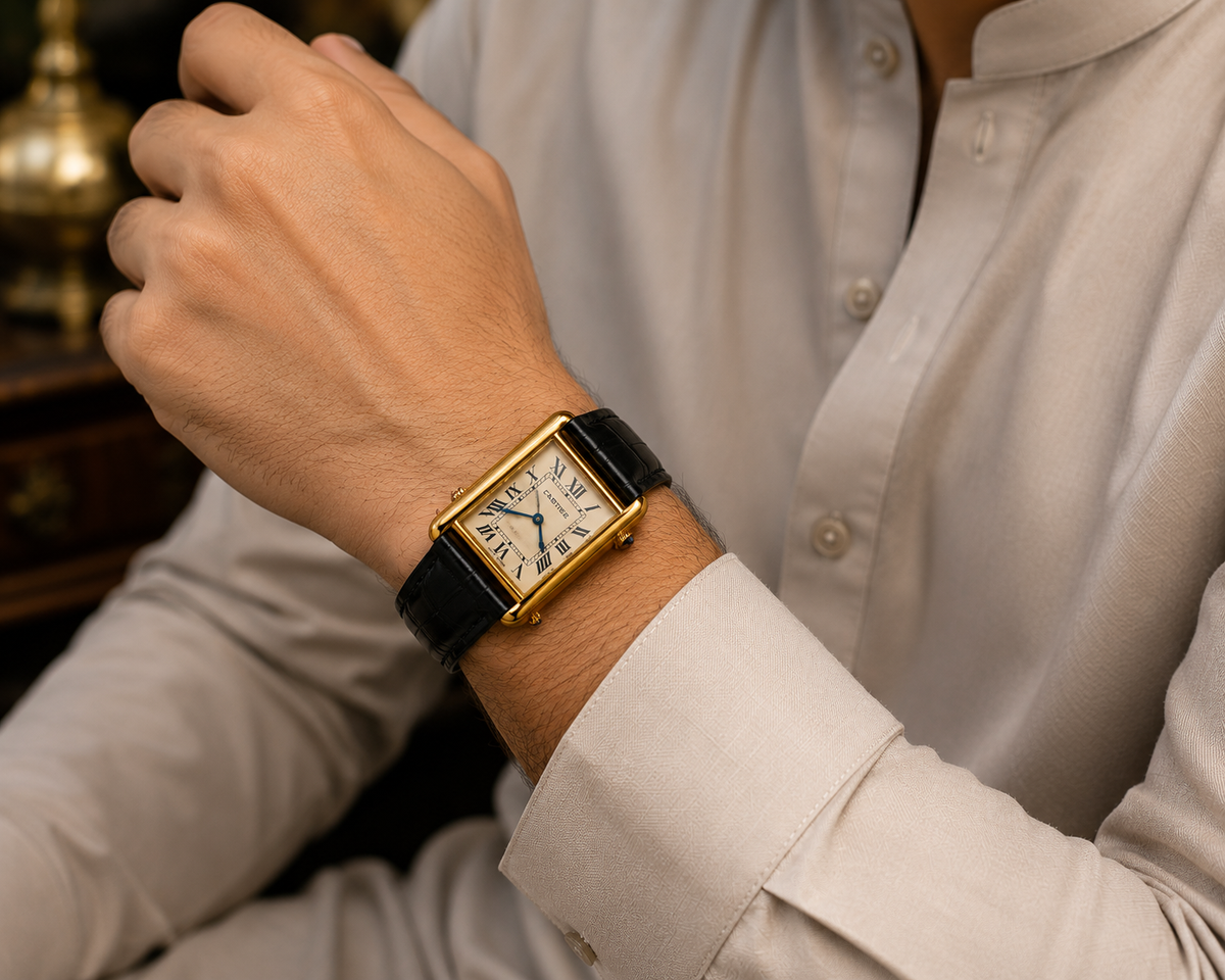 Luxury Cartier-Style Rectangular Gold Men's Quartz Watch | Premium Black Leather Strap | Elegant Analog Wrist Watch