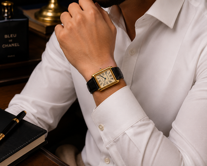 Luxury Cartier-Style Rectangular Gold Men's Quartz Watch | Premium Black Leather Strap | Elegant Analog Wrist Watch