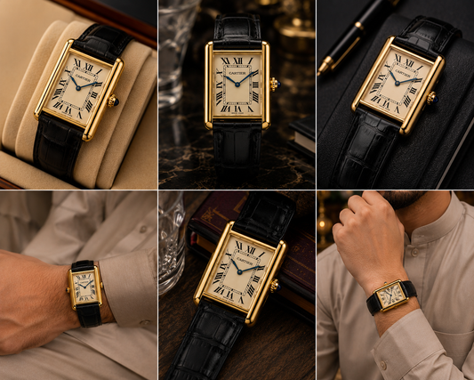 Luxury Cartier-Style Rectangular Gold Men's Quartz Watch | Premium Black Leather Strap | Elegant Analog Wrist Watch